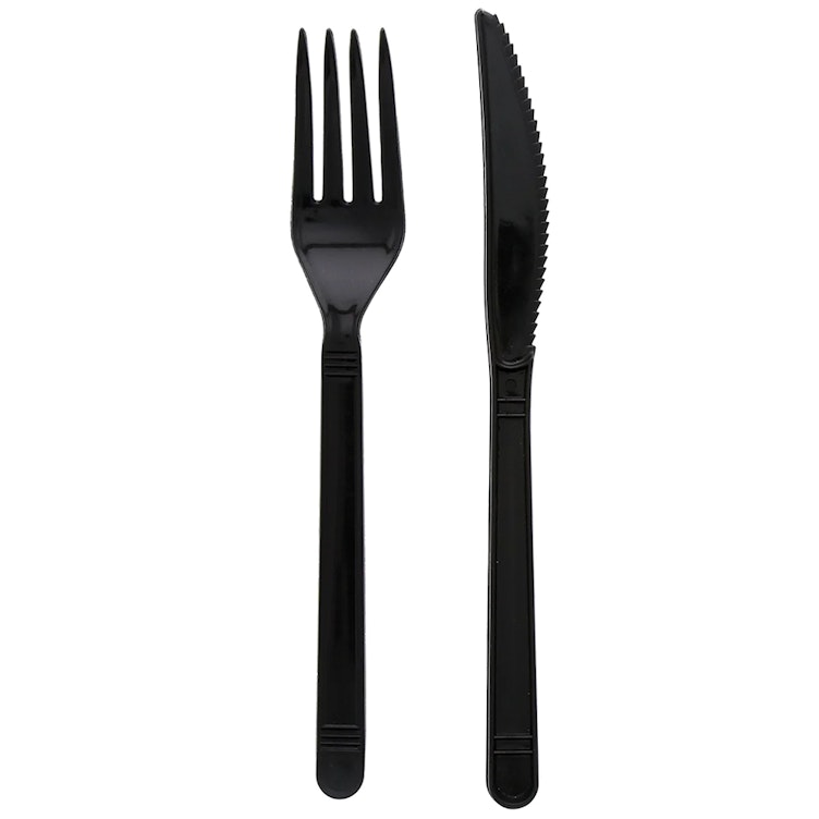 2-Piece Heavyweight Black Polypropylene Fork & Knife Cutlery Set, Individually Wrapped - Case of 1000