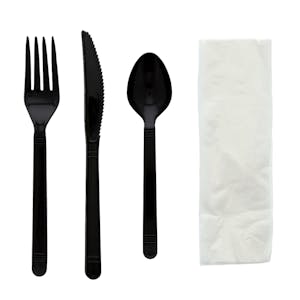 4-Piece Heavyweight Black Polypropylene Fork, Knife & Spoon with Napkin Cutlery Set, Individually Wrapped - Case of 250