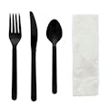 4-Piece Heavyweight Black Polypropylene Fork, Knife & Spoon with Napkin Cutlery Set, Individually Wrapped - Case of 250