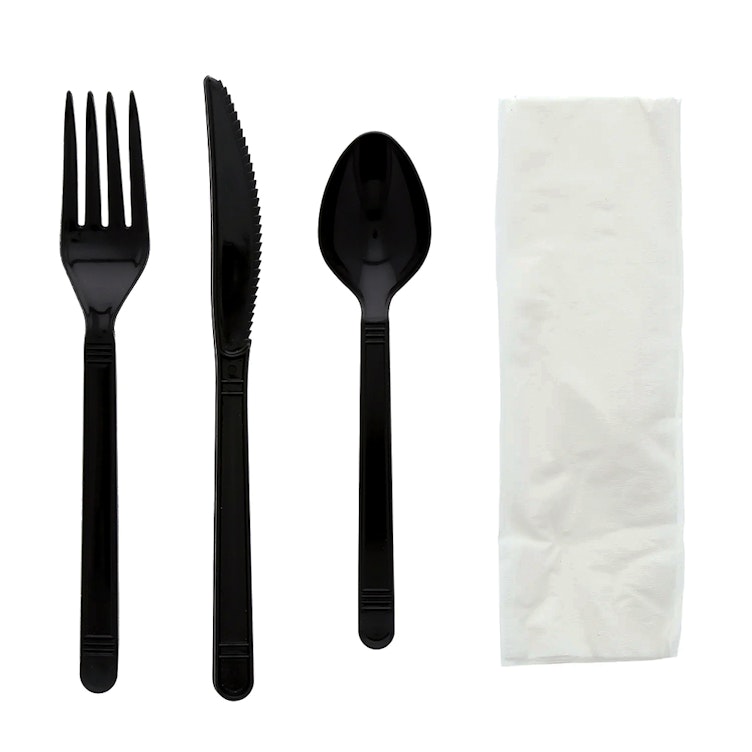 4-Piece Heavyweight Black Polypropylene Fork, Knife & Spoon with Napkin Cutlery Set, Individually Wrapped - Case of 250