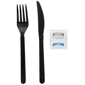 5-Piece Heavyweight Black Polypropylene Fork & Knife with Napkin & Salt & Pepper Packets Cutlery Set, Individually Wrapped - Case of 500