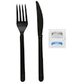 5-Piece Heavyweight Black Polypropylene Fork & Knife with Napkin & Salt & Pepper Packets Cutlery Set, Individually Wrapped - Case of 500