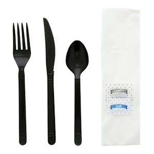 6-Piece Heavyweight Black Polypropylene Fork, Knife & Spoon with Napkin & Salt & Pepper Packets Cutlery Set, Individually Wrapped - Case of 250