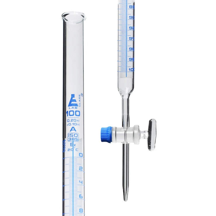 100mL Borosilicate Glass 3.3 Burette with Schellbach Stripe & PTFE Stopcock - Class A