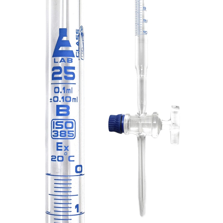 25mL Borosilicate Glass 3.3 Burette with Schellbach Stripe & Glass Stopcock - Class B