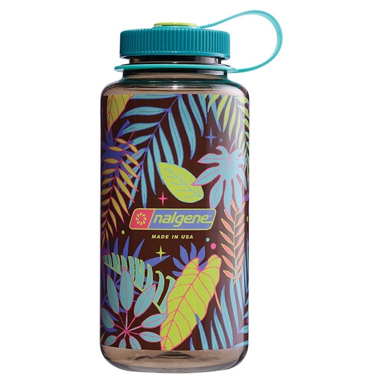 32 oz. Woodsman Brown with Printed Botanical Ferns Wide Mouth Nalgene® Sustain Bottle with Teal Blue Cap & Light Blue Loop