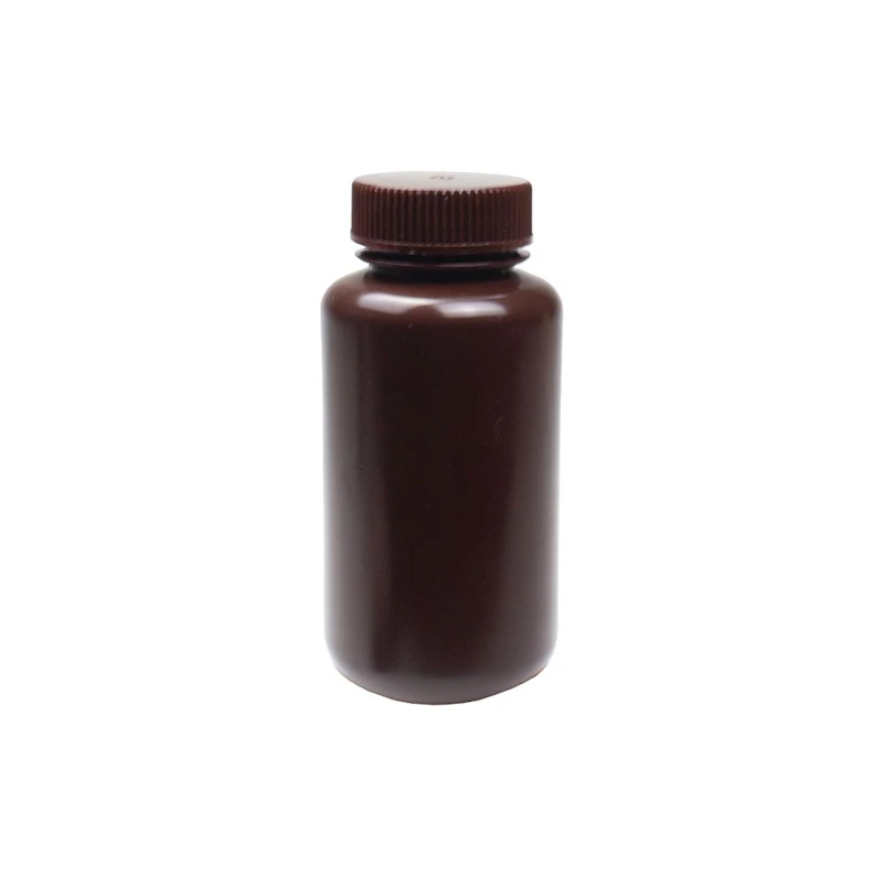 250mL Wide Mouth Amber HDPE Reagent Bottle with 43/415 Polypropylene Cap - Package of 12