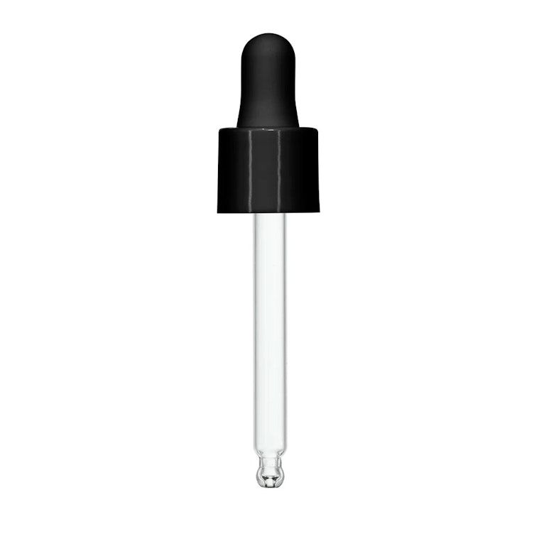 18/415 Smooth Black Polypropylene Cervino Dropper Cap with Black Rubber Bulb & 79mm L Glass Pipette with Ball Tip