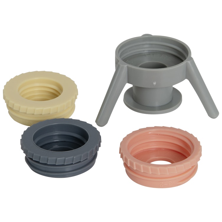 24mm to 38mm Flip-It!® Bottle Emptying Cap with Gray Stand & Pastel (Coral, Dark Gray & Cream) Adapters
