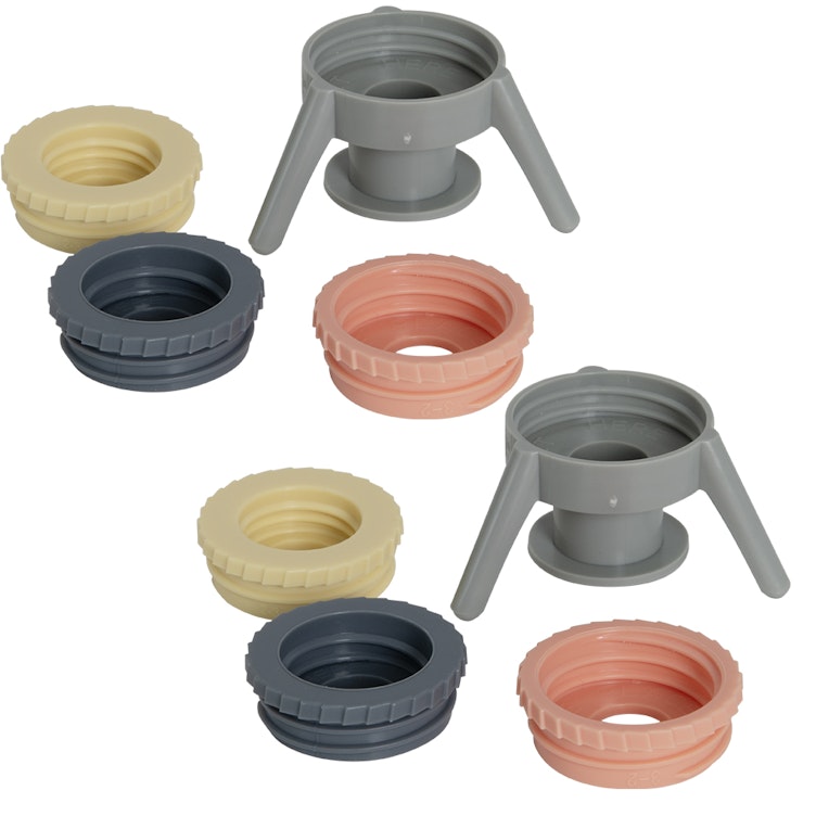 24mm to 38mm Flip-It!® Bottle Emptying Cap with Gray Stand & Pastel (Coral, Dark Gray & Cream) Adapters - Set of 2
