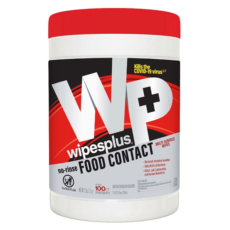 7" W x 9" L Lightly-Scented WipesPlus® No-Rinse Food Contact Multi-Surface Wipes - Canister of 100