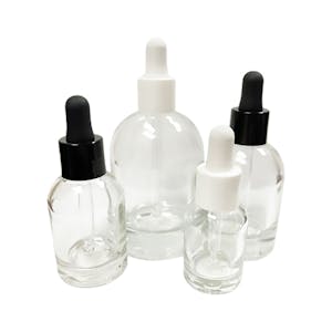 30mL Clear Begonia Dome Round Glass Bottle with 18/415 Smooth White Cervino Dropper Cap with White Rubber Bulb & Ball Tip Glass Pipette