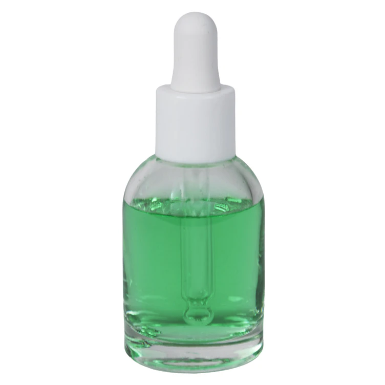 30mL Clear Begonia Dome Round Glass Bottle with 18/415 Smooth White Cervino Dropper Cap with White Rubber Bulb & Ball Tip Glass Pipette