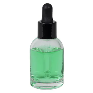 30mL Clear Begonia Dome Round Glass Bottle with 18/415 Smooth Black Cervino Dropper Cap with Black Rubber Bulb & Ball Tip Glass Pipette