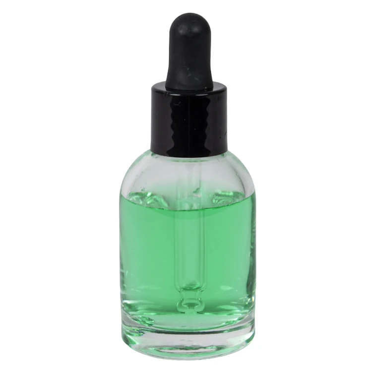 30mL Clear Begonia Dome Round Glass Bottle with 18/415 Smooth Black Cervino Dropper Cap with Black Rubber Bulb & Ball Tip Glass Pipette