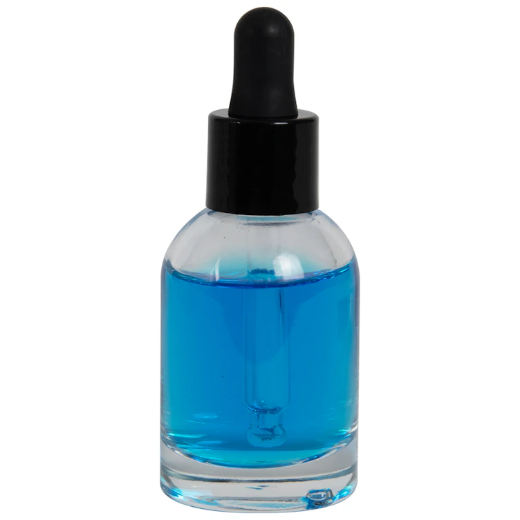 15mL Clear Begonia Dome Round Glass Bottle with 18/415 Smooth Black Cervino Dropper Cap with Black Rubber Bulb & Ball Tip Glass Pipette