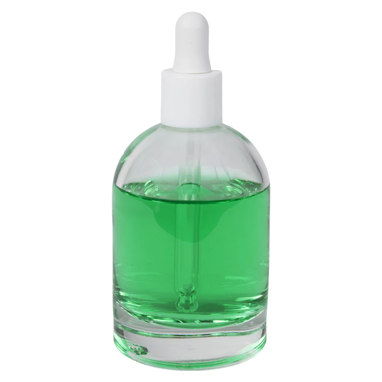 100mL Clear Begonia Dome Round Glass Bottle with 18/415 Smooth White Cervino Dropper Cap with White Rubber Bulb & Ball Tip Glass Pipette
