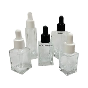 30mL Clear Square Glass Bottle with 18/415 Smooth Black Cervino Dropper Cap with Black Rubber Bulb & Ball Tip Glass Pipette