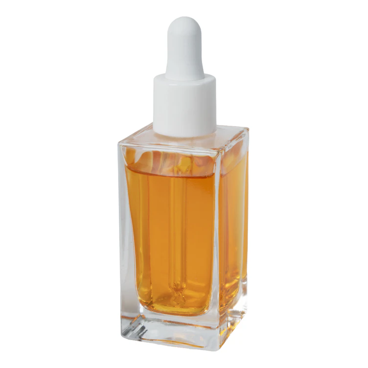 30mL Clear Square Glass Bottle with 18/415 Smooth White Cervino Dropper Cap with White Rubber Bulb & Ball Tip Glass Pipette