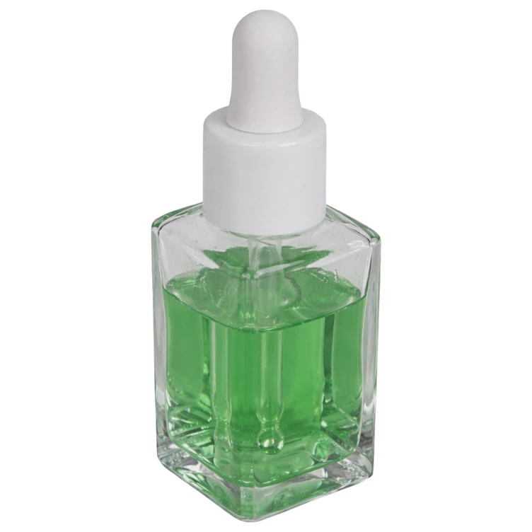 30mL Clear Rounded Square Glass Bottle with 18/415 Smooth White Cervino Dropper Cap with White Rubber Bulb & Ball Tip Glass Pipette