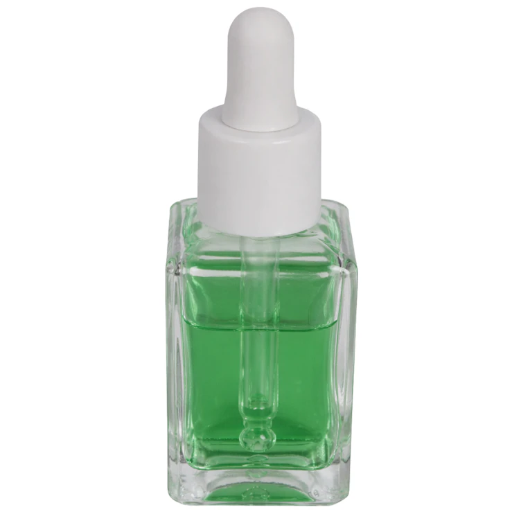 30mL Clear Rounded Square Glass Bottle with 18/415 Smooth White Cervino Dropper Cap with White Rubber Bulb & Ball Tip Glass Pipette