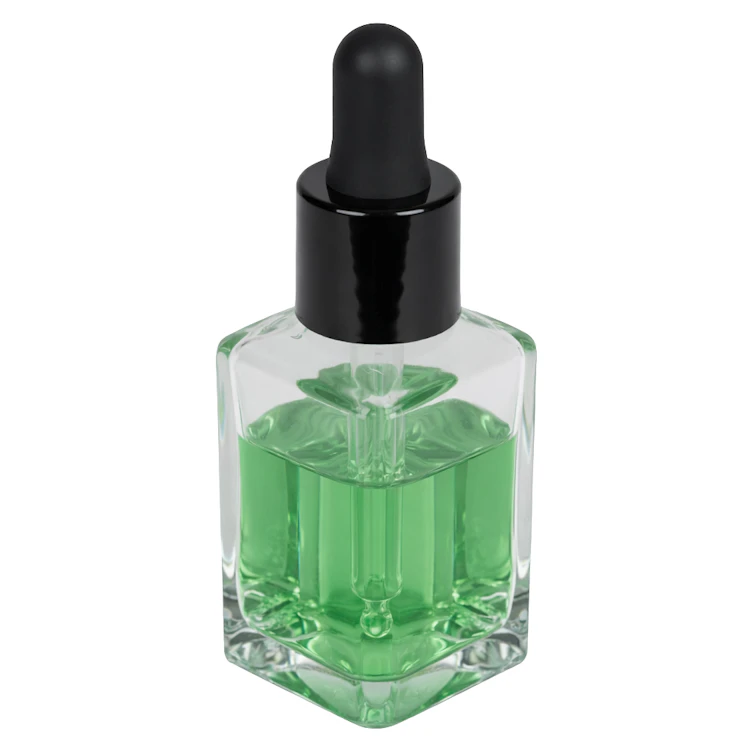 30mL Clear Rounded Square Glass Bottle with 18/415 Smooth Black Cervino Dropper Cap with Black Rubber Bulb & Ball Tip Glass Pipette