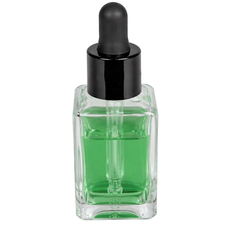 30mL Clear Rounded Square Glass Bottle with 18/415 Smooth Black Cervino Dropper Cap with Black Rubber Bulb & Ball Tip Glass Pipette