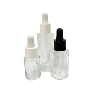 30mL Clear Stubby Cylinder Glass Bottle with 18/415 Smooth White Cervino Dropper Cap with White Rubber Bulb & Ball Tip Glass Pipette