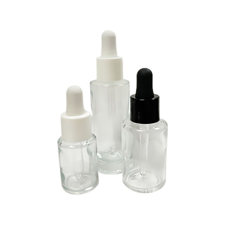 30mL Clear Tall Cylinder Glass Bottle with 18/415 Smooth White Cervino Dropper Cap with White Rubber Bulb & Ball Tip Glass Pipette