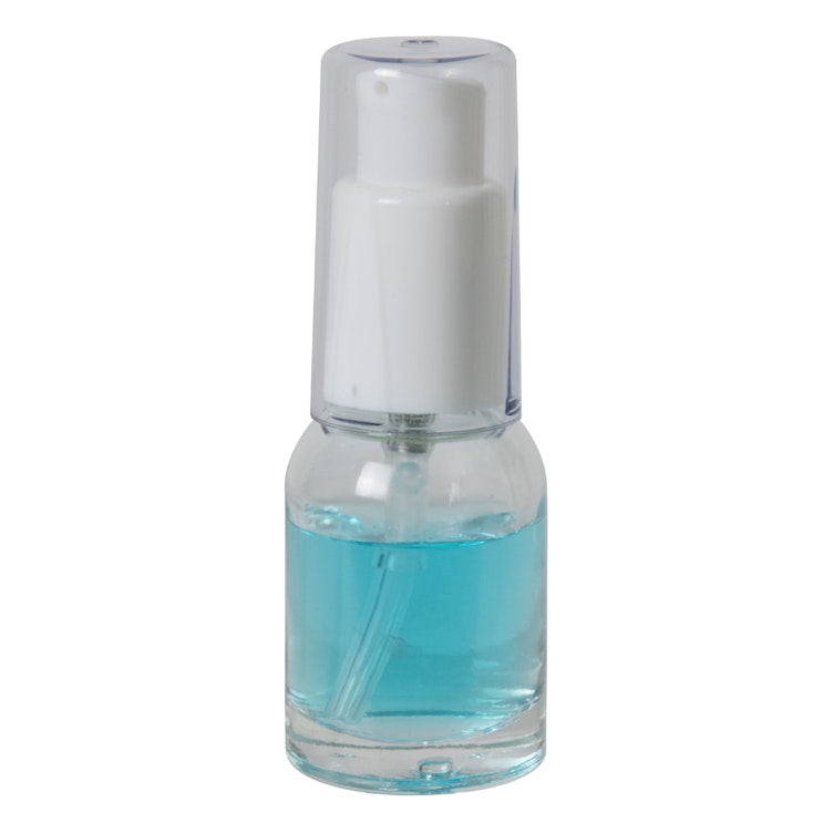 15mL Clear Begonia Dome Round Glass Bottle with 18/415 White Polypropylene Denali Treatment Pump with Tall Smooth Collar & Clear ABS Overcap