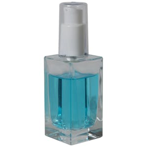 50mL Clear Square Glass Bottle with 18/415 White Polypropylene Denali Treatment Pump with Tall Smooth Collar & Clear ABS Overcap