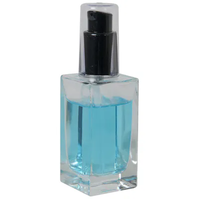 50mL Clear Square Glass Bottle with 18/415 Black Polypropylene Denali Treatment Pump with Tall Smooth Collar & Clear ABS Overcap