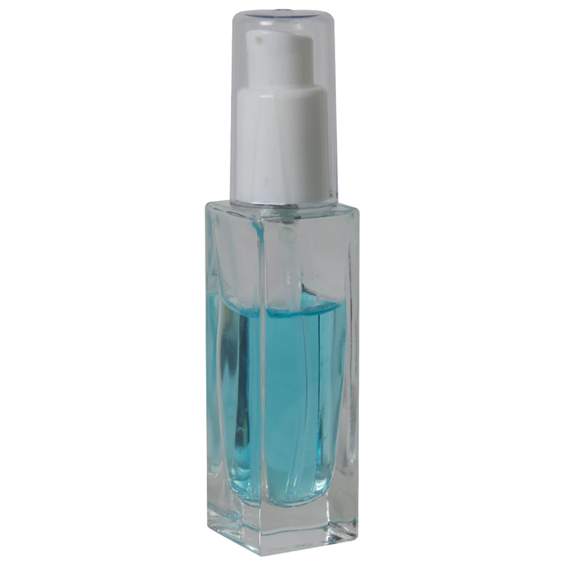 30mL Clear Tall Slim Square Glass Bottle with 18/415 White Polypropylene Denali Treatment Pump with Tall Smooth Collar & Clear ABS Overcap