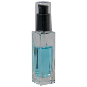 30mL Clear Tall Slim Square Glass Bottle with 18/415 Black Polypropylene Denali Treatment Pump with Tall Smooth Collar & Clear ABS Overcap