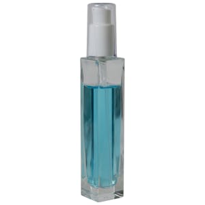 50mL Clear Tall Slim Square Glass Bottle with 18/415 White Polypropylene Denali Treatment Pump with Tall Smooth Collar & Clear ABS Overcap