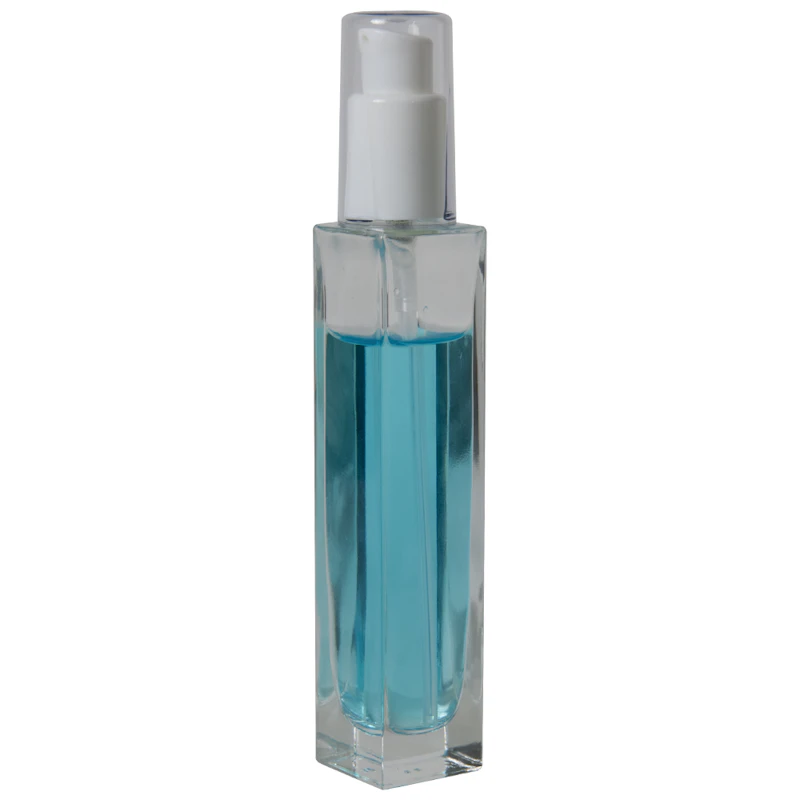 50mL Clear Tall Slim Square Glass Bottle with 18/415 White Polypropylene Denali Treatment Pump with Tall Smooth Collar & Clear ABS Overcap