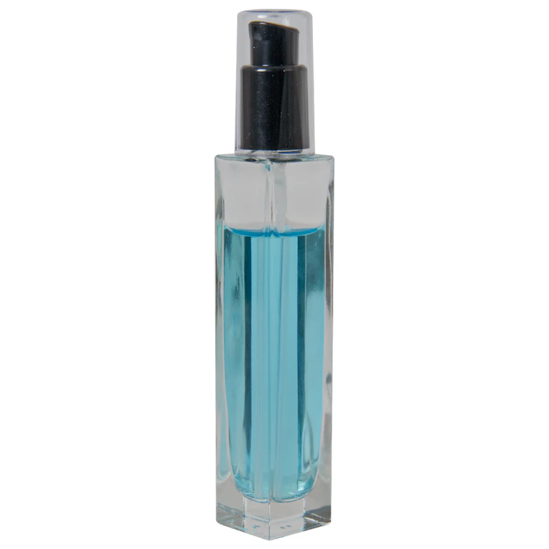 50mL Clear Tall Slim Square Glass Bottle with 18/415 Black Polypropylene Denali Treatment Pump with Tall Smooth Collar & Clear ABS Overcap