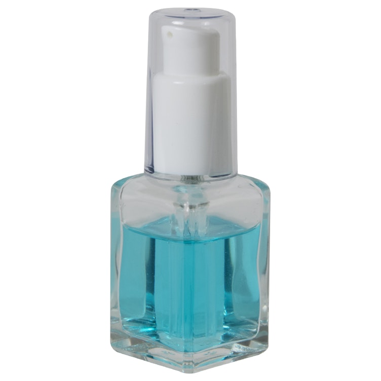 30mL (1 oz.) Clear Rounded Square Glass Bottle with 18/415 White Polypropylene Denali Treatment Pump with Tall Smooth Collar & Clear ABS Overcap