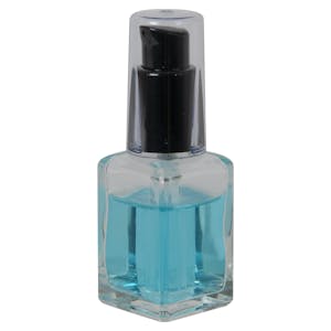 30mL (1 oz.) Clear Rounded Square Glass Bottle with 18/415 Black Polypropylene Denali Treatment Pump with Tall Smooth Collar & Clear ABS Overcap