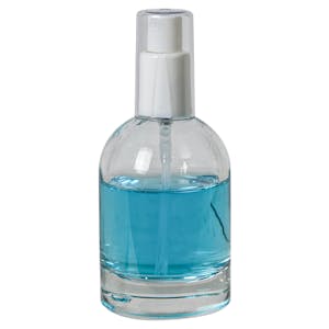 100mL Clear Begonia Dome Round Glass Bottle with 18/415 White Polypropylene Denali Finger Sprayer with Tall Smooth Collar & Clear ABS Overcap