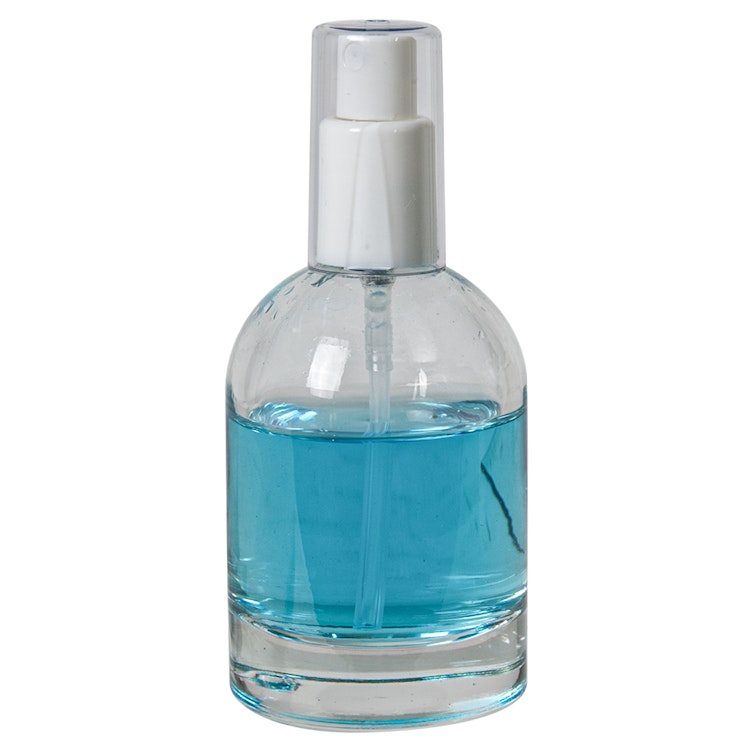 100mL Clear Begonia Dome Round Glass Bottle with 18/415 White Polypropylene Denali Finger Sprayer with Tall Smooth Collar & Clear ABS Overcap