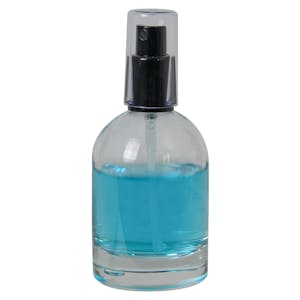 100mL Clear Begonia Dome Round Glass Bottle with 18/415 Black Polypropylene Denali Finger Sprayer with Tall Smooth Collar & Clear ABS Overcap