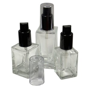 30mL Clear Square Glass Bottle with 18/415 Black Polypropylene Denali Finger Sprayer with Tall Smooth Collar & Clear ABS Overcap