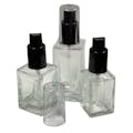30mL Clear Square Glass Bottle with 18/415 Black Polypropylene Denali Finger Sprayer with Tall Smooth Collar & Clear ABS Overcap