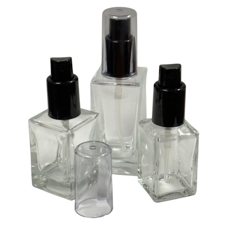 30mL Clear Square Glass Bottle with 18/415 Black Polypropylene Denali Finger Sprayer with Tall Smooth Collar & Clear ABS Overcap