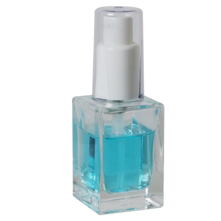 30mL Clear Square Glass Bottle with 18/415 White Polypropylene Denali Finger Sprayer with Tall Smooth Collar & Clear ABS Overcap