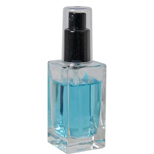 50mL Clear Square Glass Bottle with 18/415 Black Polypropylene Denali Finger Sprayer with Tall Smooth Collar & Clear ABS Overcap