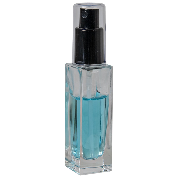 30mL Clear Tall Slim Square Glass Bottle with 18/415 Black Polypropylene Denali Finger Sprayer with Tall Smooth Collar & Clear ABS Overcap