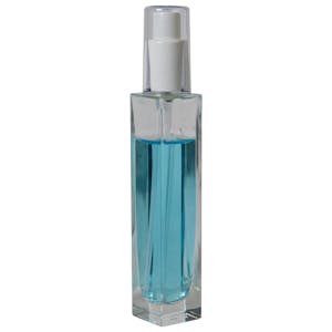 50mL Clear Tall Slim Square Glass Bottle with 18/415 White Polypropylene Denali Finger Sprayer with Tall Smooth Collar & Clear ABS Overcap