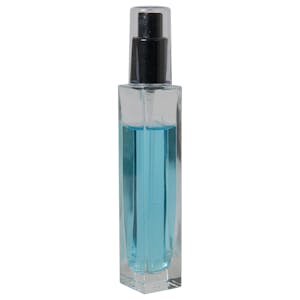 50mL Clear Tall Slim Square Glass Bottle with 18/415 Black Polypropylene Denali Finger Sprayer with Tall Smooth Collar & Clear ABS Overcap